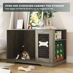 SNYNUXX Dog Crate Furniture with Pegboard, Storage Cabinet and Hidden Sliding Doors, Indoor Furniture-Style Wooden Puppy Dog Kennel for Medium Small Dogs, Gray