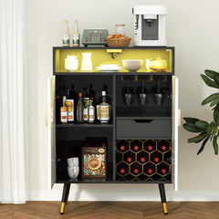 EOYUTLLY Coffee Bar Cabinet with Power Outlet & LED Light, Liquor Cabinet with Wine Rack & Glasse Holder, Wine Cabinet with Drawer for Home Bar, Black & White