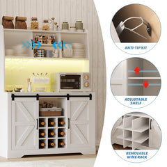 Coffee Bar Cabinet, 47" Farmhouse Sideboard Buffet Cabinet with Sliding Barn Door, Wine Rack & 6 Hooks, Wine Bar Cabinet for Home Dining Living Room, Dark Rustic Oak