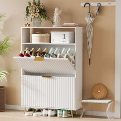 Urban Deco Shoe Storage Cabinet for Entryway, Wooden Organizer Shoe Cabinet with 2 Flip Drawers, Elegant 2 Tier Freestanding Shoe Organizer (Black)