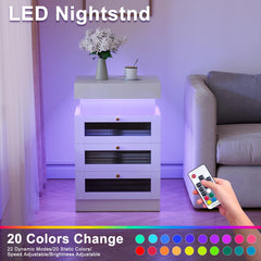 Nightstand with Charging Station and RGB LED Light, Modern Nightstand with Sliding Top, Bedside Table with 3 Drawers, End Table Side Table with Storage for Bedroom, White