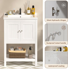 24 Inch Bathroom Vanity with Sink, Bathroom Sink Cabinet with 2 Doors and 1 Open Shelf, Under Sink Cabinet, Bathroom Storage Cabinet Organizer with Sink Combo, White