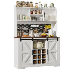Coffee Bar Cabinet, 47" Farmhouse Sideboard Buffet Cabinet with Sliding Barn Door, Wine Rack & 6 Hooks, Wine Bar Cabinet for Home Dining Living Room, Dark Rustic Oak