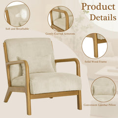 Mid Century Modern Accent Chairs, Upholstered Corduroy Fabric Lounge Arm Chair with Lumbar Cushion & Solid Wood Frame for for Living Room, Bedroom, Balcony, Camel
