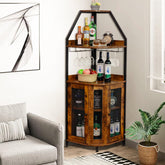 EOYUTLLY Corner Bar Cabinet,5-Tier Wine Bar Cabinet with Storage,Liquor Cabinet with Glass Holder,Mesh Door and Adjustable Shelf,Corner Shelf Liquor Cabinet Bar for Home(Rustic Brown)