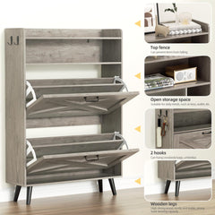 EOYUTLLY Shoe Storage Cabinet with 2 Flip Drawers & Open Shelf, Shoe Cabinet with Small Bench, Freestanding Shoe Organizer for Entryway, Narrow Shoe Rack with Legs, Rustic Brown