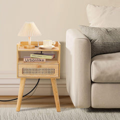 Urban Deco Nightstands Set of 2 with Charging Station Wooden Bedside Tables with Fabric Drawer,Modern End Table for Bedroom and Living Room 15.4 * 11.8 * 24.4 in