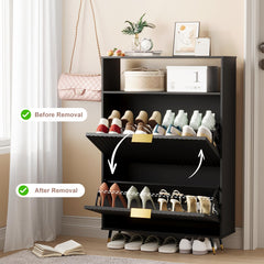 Urban Deco Shoe Storage Cabinet for Entryway, Wooden Organizer Shoe Cabinet with 2 Flip Drawers, Elegant 2 Tier Freestanding Shoe Organizer (Black)