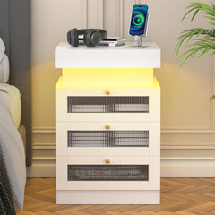 Nightstand with Charging Station and RGB LED Light, Modern Nightstand with Sliding Top, Bedside Table with 3 Drawers, End Table Side Table with Storage for Bedroom, White