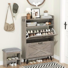 EOYUTLLY Shoe Storage Cabinet with 2 Flip Drawers & Open Shelf, Shoe Cabinet with Small Bench, Freestanding Shoe Organizer for Entryway, Narrow Shoe Rack with Legs, Rustic Brown