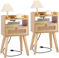EOYUTLLY Nightstand Set of 2, End Table with Charging Station and Drawer Storage, Bedside Table with USB Ports Modern Side Table for Living Room, Bedroom and Small Space, Natural