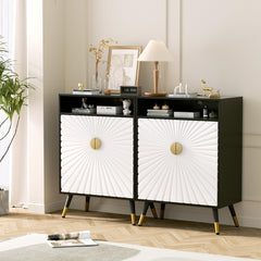 EOYUTLLY Buffet Cabinet with Storage, Buffet Cabinet with Charging Station & LED Light, Sideboard Cabinet with Decorative Sunlight Pattern Door, Accent Cabinet for Living Room, Entryway, Black & White