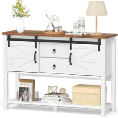 Entryway Table with Sliding Barn Doors and 2 Drawers, 46”Farmhouse Console Table with Storage Shelf, White Rustic Sofa Table Entryway Cabinet for Dining Room, Living Room, Entryway