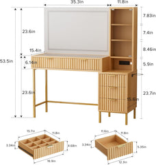 EOYUTLLY 48" Fluted Makeup Vanity Desk with 36" Mirror and Light,Modern Glass Top Vanity Table with Charging Station,5 Drawers, 3 Adjustable Shelves & 3 Color Lighting Mode, Bedroom Dressing Table,Oak
