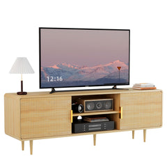 TV Stand for 65 Inch TV, Fluted TV Stand with Curved Profile, Modern Entertainment Center TV Console Table with Sliding Doors & Adjustable Shelves, TV Stands for Living Room Bedroom, Black