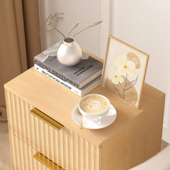 Urban Deco Nightstand Set of 2, Mid Century Modern End Table with 2 Fluted Drawers, Small Bedside Table with Storage End Side Table for Bedroom (Natural), No Charging Station-2pk