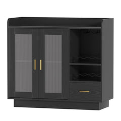 Wine Bar Cabinet with LED Lights, Floating Coffee Bar Cabinet with Wine and Glass Rack, Modern Liquor Cabinet with Glass Doors and Drawers for Living Room, Black