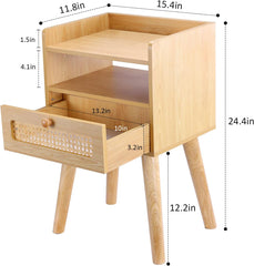 EOYUTLLY Rattan Nightstand Side Table with Storage Drawer and Open Shelf, Bedside Table for Solid Wood Legs, Modern End Table for Living Room, Bedroom and Small Space, Natural