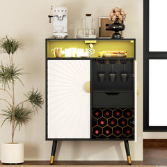 EOYUTLLY Coffee Bar Cabinet with Power Outlet & LED Light, Liquor Cabinet with Wine Rack & Glasse Holder, Wine Cabinet with Drawer for Home Bar, Black & White