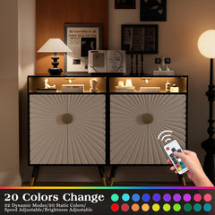 EOYUTLLY Buffet Cabinet with Storage, Buffet Cabinet with Charging Station & LED Light, Sideboard Cabinet with Decorative Sunlight Pattern Door, Accent Cabinet for Living Room, Entryway, Black & White