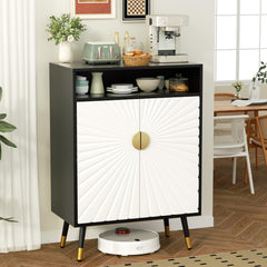 EOYUTLLY Coffee Bar Cabinet with Power Outlet & LED Light, Liquor Cabinet with Wine Rack & Glasse Holder, Wine Cabinet with Drawer for Home Bar, Black & White