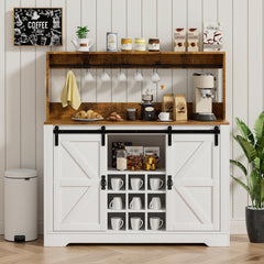 EOYUTLLY Coffee Bar Cabinet with Storage,47" Farmhouse Kitchen Buffet Sideboard with Sliding Barn Door and Adjustable Shelves,Liquor Cabinet Bar for Home,Dining Living Room, Dark Rustic Oak