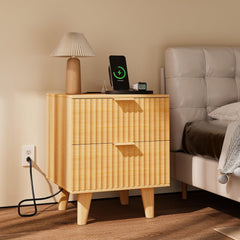 Urban Deco Nightstand Set of 2, Mid Century Modern Nightstand with Charging Station, Wooden End Table with 2 Fluted Drawers & Storage, Bedside Table with Solid Wood Legs for Bedroom (Natural)