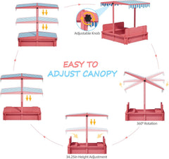 Sandbox with Lid & Cover, Wooden Kids Outdoor Sand Box with Height-Adjustable UV-Resistant Canopy, 2 Foldable Bench Seats & Bottom Liner, 43x43 Inch, Perfect for Backyard, Beach, Garden Play