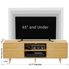 TV Stand for 65 Inch TV, Fluted TV Stand with Curved Profile Design, Wood Entertainment Center TV Console Table with Sliding Doors & Adjustable Shelves, TV Stand for Living Room Bedroom, Natural