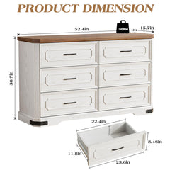 6 Drawer Dresser, 52" Wide Modern Chest of Drawers with Embossed Textures & Beveled Edges, Wood Double Dresser Farmhouse Storage Dressers Drawer Organizers for Bedroom, Living Room, Grey