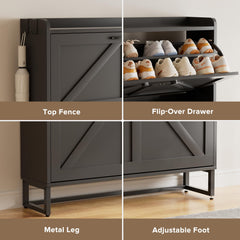 EOYUTLLY Shoe Cabinet Storage for Entryway, Narrow Shoe Rack Cabinet with 3 Flip Drawers & Coat Rack, Hidden Shoe Storage Cabinet, 2-in-1 Hall Tree Slim Freestanding Shoe Rack Organizer, Rustic Brown