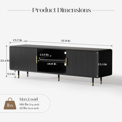 TV Stand for 65 Inch TV, Fluted TV Stand with Curved Profile, Modern Entertainment Center TV Console Table with Sliding Doors & Adjustable Shelves, TV Stands for Living Room Bedroom, Black