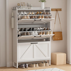 EOYUTLLY Shoe Cabinet Storage for Entryway, Narrow Shoe Rack Cabinet with 3 Flip Drawers & Coat Rack, Hidden Shoe Storage Cabinet, 2-in-1 Hall Tree Slim Freestanding Shoe Rack Organizer, Rustic Brown