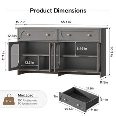 Buffet Cabinet with Storage and LED Light, 55” Sideboard Buffet Cabinet with 4 Glass Doors & 2 Drawers & Adjustable, Modern Credenza Coffee Bar Cabinets Buffets Table for Kitchen, Dining Room, Grey