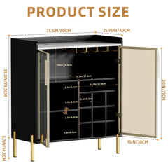 Coffee Bar Cabinet with Aluminum Frame Glass Door, Black Wine Bar & Liquor Cabinet, Modern Black Sideboard Buffet Cabinet with Storage for Kitchen, Dining Room & Living Room