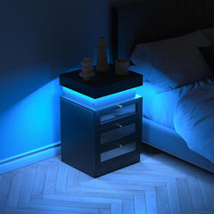 Nightstand with Charging Station, LED Nightstand with Sliding Top, Modern Black Nightstand with 3 Acrylic Drawers, Bedside Table with Storage for Bedroom, Black