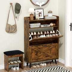 EOYUTLLY Shoe Storage Cabinet with 2 Flip Drawers & Open Shelf, Shoe Cabinet with Small Bench, Freestanding Shoe Organizer for Entryway, Narrow Shoe Rack with Legs, Rustic Brown