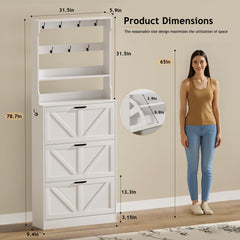 EOYUTLLY Shoe Cabinet Storage for Entryway, Narrow Shoe Rack Cabinet with 3 Flip Drawers & Coat Rack, Hidden Shoe Storage Cabinet, 2-in-1 Hall Tree Slim Freestanding Shoe Rack Organizer, Rustic Brown