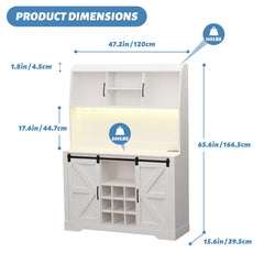 Coffee Bar Cabinet, 47" Farmhouse Sideboard Buffet Cabinet with Sliding Barn Door, Wine Rack & 6 Hooks, Wine Bar Cabinet for Home Dining Living Room, Dark Rustic Oak