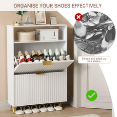 Urban Deco Shoe Storage Cabinet for Entryway, Wooden Organizer Shoe Cabinet with 2 Flip Drawers, Elegant 2 Tier Freestanding Shoe Organizer (Black)