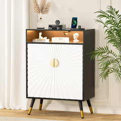 EOYUTLLY Buffet Cabinet with Storage, Buffet Cabinet with Charging Station & LED Light, Sideboard Cabinet with Decorative Sunlight Pattern Door, Accent Cabinet for Living Room, Entryway, Black & White