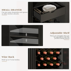 EOYUTLLY Coffee Bar Cabinet with Wine Rack & Glass Holder, Liquor Cabinet with Fluted Doors, Modern Sideboard Buffet Cabinet with Drawer Storage for Living Room Kitchen, Black