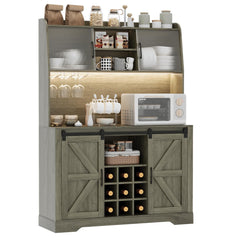 Coffee Bar Cabinet, 47" Farmhouse Sideboard Buffet Cabinet with Sliding Barn Door, Wine Rack & 6 Hooks, Wine Bar Cabinet for Home Dining Living Room, Dark Rustic Oak