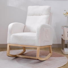Rocking Chair, Upholstered Nursery Glider Rocking Chair with Solid Wood Legs & Side Pocket, Accent Armchair Comfy Chairs Rocking Chair Nursery for Living Room Bedroom Offices (White, Teddy)