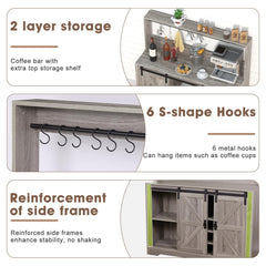 Coffee Bar Cabinet, 47" Farmhouse Sideboard Buffet Cabinet with Sliding Barn Door, Wine Rack & 6 Hooks, Wine Bar Cabinet for Home Dining Living Room, Dark Rustic Oak