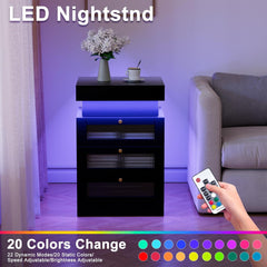 Nightstand with Charging Station, LED Nightstand with Sliding Top, Modern Black Nightstand with 3 Acrylic Drawers, Bedside Table with Storage for Bedroom, Black