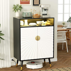 EOYUTLLY Coffee Bar Cabinet with Power Outlet & LED Light, Liquor Cabinet with Wine Rack & Glasse Holder, Wine Cabinet with Drawer for Home Bar, Black & White