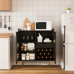 EOYUTLLY Coffee Bar Cabinet with Wine Rack & Glass Holder, Liquor Cabinet with Fluted Doors, Modern Sideboard Buffet Cabinet with Drawer Storage for Living Room Kitchen, Black