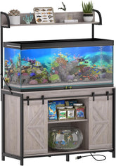 55-75 Gallon Fish Tank Stand with Power Outlets, Heavy Duty Metal Frame Aquarium Stand with Barn Door, Turtle Reptile Terrariums Stand, 1000LBS Capacity, Grey