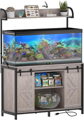 55-75 Gallon Fish Tank Stand with Power Outlets, Heavy Duty Metal Frame Aquarium Stand with Barn Door, Turtle Reptile Terrariums Stand, 1000LBS Capacity, Grey